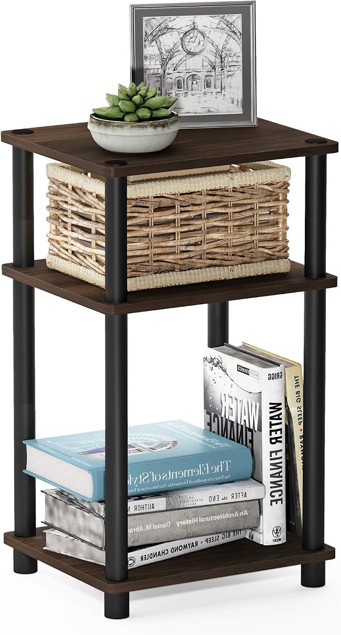 Furinno Just 3-Tier Turn-N-Tube End Table / Side Table / Night Stand / Bedside Table with Plastic Poles, 2-Pack, Columbia Walnut/Black