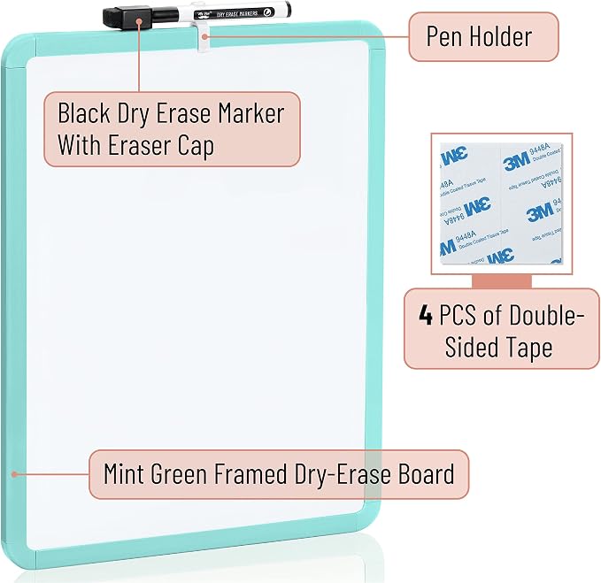 Mr. Pen- Dry Erase Board, 14” x 11” with a Black Dry Erase Marker | Mint Green Frame, Small Mini White Board for Students, Fridge, Wall, Locker, Includes Double Sided Tapes