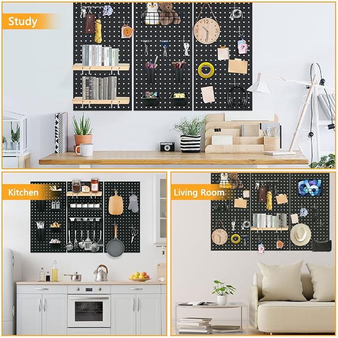 3pcs Heavy Duty Metal Pegboard Panels Black Pegboard | Garage Wall Mounted Tool Organizer for Garage, Workshop Storage and Workbench (12" x 24")