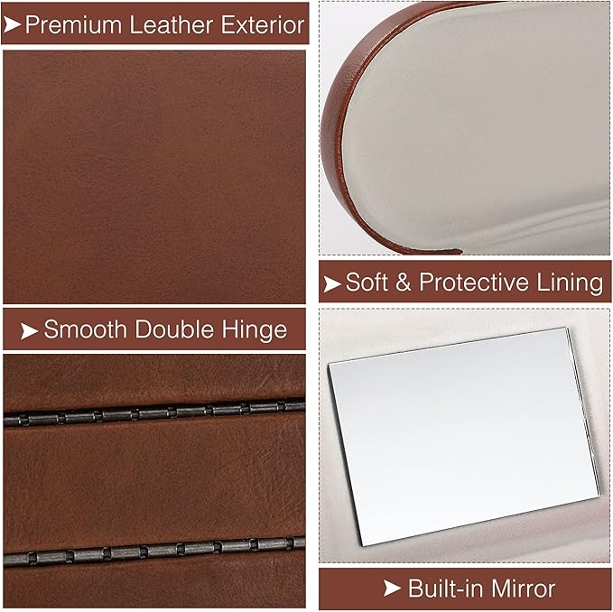 MoKo Double Eyeglass Case, Contact Lens Case with Mirror Tweezers Remover, 2 in 1 Double Sided Portable Contact Lens Box Holder Container Soak Storage Kit Sunglasses Pouch for Men & Women, Brown