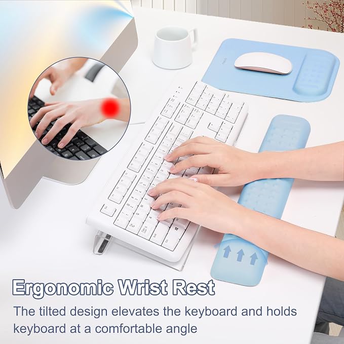 MOSISO Keyboard Stand&Wrist Rest Support for Keyboard &Mouse Pad Set | Ergonomic Massage Wrist Rest Set, Easy Typing Working Acrylic Clear Stand for Office Home, Air Blue