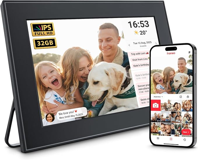 32GB FRAMEO 10.1 Inch Smart WiFi Digital Photo Frame 1280x800 IPS LCD Touch Screen, Auto-Rotation, Share Moments Instantly via Frameo App from Anywhere, Support Schedule Adding & Calendar Display