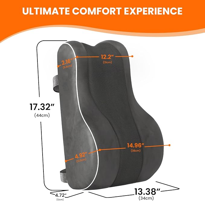 CloudBliss Lumbar Support Pillow, Memory Foam for Office, Standard, Gray | Ergonomic High-Density Memory Foam, Adjustable Straps, Washable Mesh Cover, Lower Back Support for Office, Gaming & Car Seat