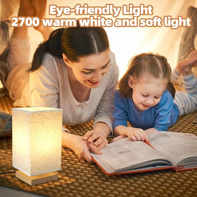 Small Square Bedside Table Lamp for Bedroom, Minimalist Wood Base & Round Fabric Shade, Mini Cute Cozy Warm Nightstand Boho Lamp, Study Desk Night Stand Light for Room, Dorm, Nursery, Living Room