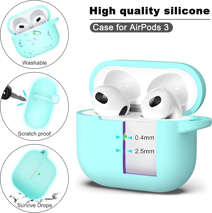 R-fun Compatible with AirPods 3 Case Cover, Silicone Protective Accessories Skin with Keychain Compatible with Apple AirPod 3rd Generation 2021 for Women Men Girls Boys,Front LED Visible,Glow Blue
