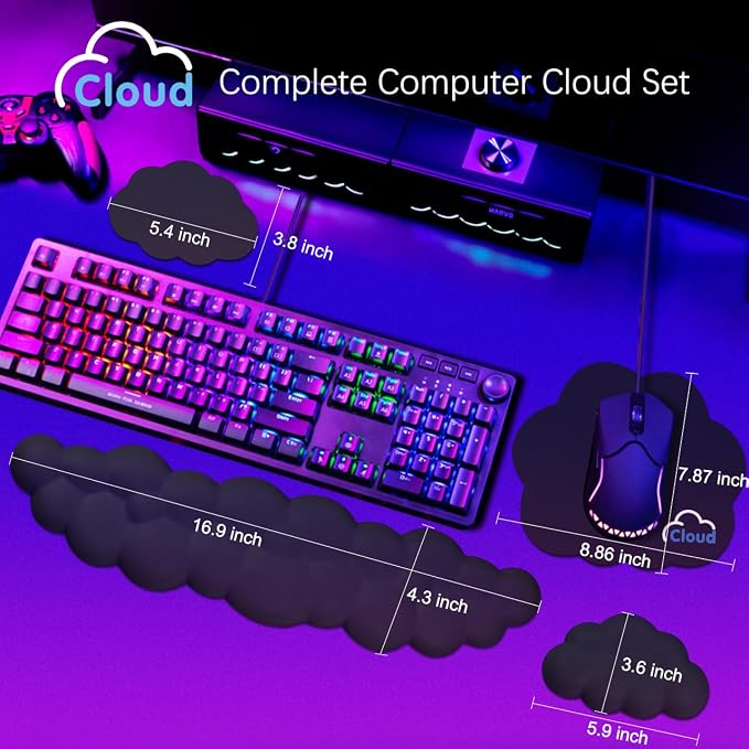 4 in 1 Ergonomic Leather Cloud Wrist Rest Keyboard and Mouse Pad & Coaster | Full 4-Piece Set, Non-Slip PU Base, Soft Memory Foam Comfort For Long Work/Gaming Hours, Cute Desk Decor, Easy To Clean