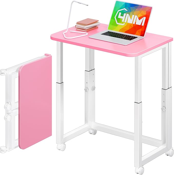 4NM No Tool Assembly 23.6" Small Desk, Folding Portable Desk with Wheels, Adjustable Height Foldable Computer Home Office Desks, Collapsible Study Writing Table for Space Saving Bedroom - Pink White