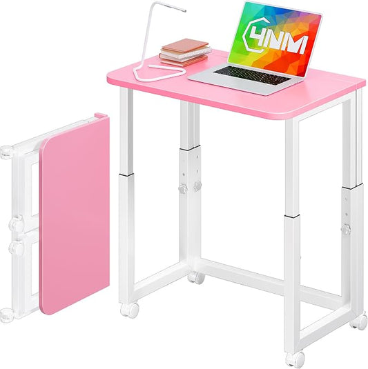 4NM No Tool Assembly 23.6" Small Desk, Folding Portable Desk with Wheels, Adjustable Height Foldable Computer Home Office Desks, Collapsible Study Writing Table for Space Saving Bedroom - Pink White