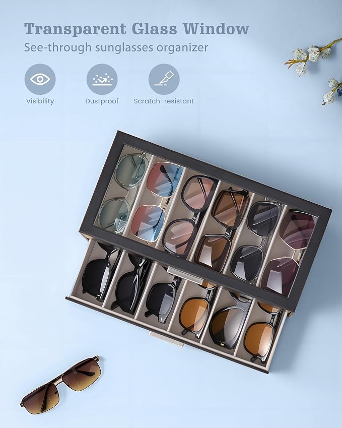 Lolalet Sunglasses Storage Box for Women, Eyewear Eye Glass Organizer with Clear Top Display Holder Case