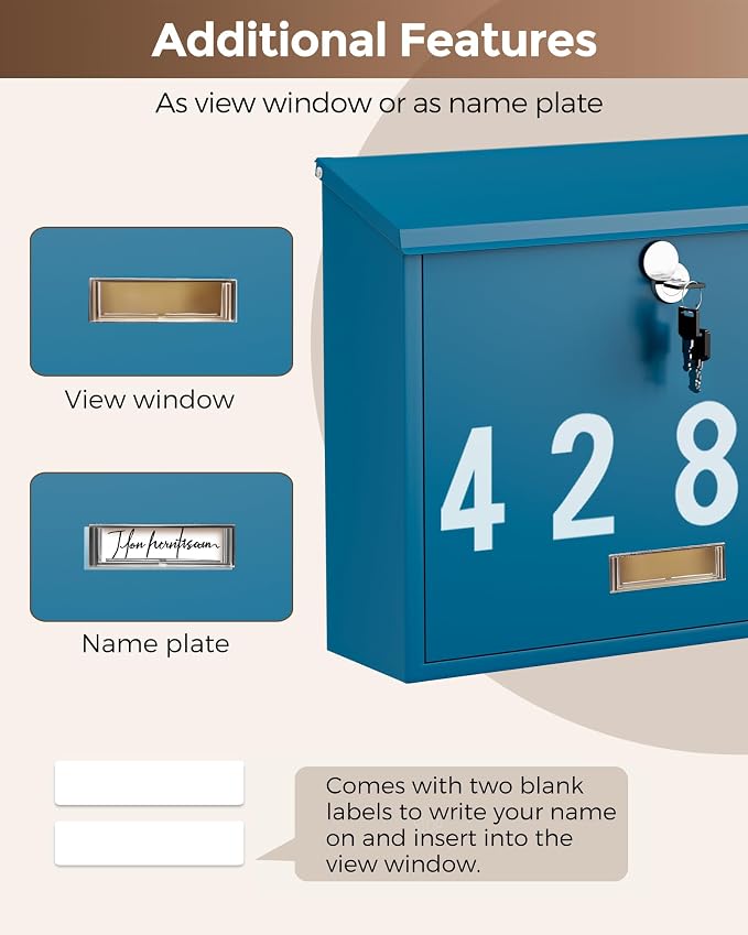 LAND·VOI Locking Wall-Mount Mailbox for Outside, with 4 Keys, Galvanized Steel Rustproof Metal Postbox, 4" Dx13.8 Wx11.2 H, Includes 3 Sets of Mailbox Numbers, Nameplate, Blue