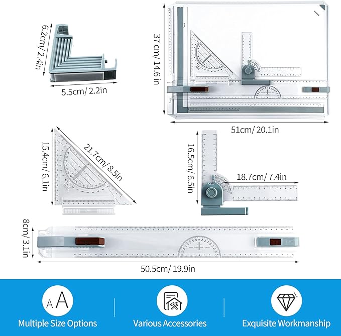 Zonon A3 Portable Drawing Board, Multi-Function Metric Drafting Table Drafting Board with Clear Rule Parallel Motion and Angle Adjustable Measuring System(A3)