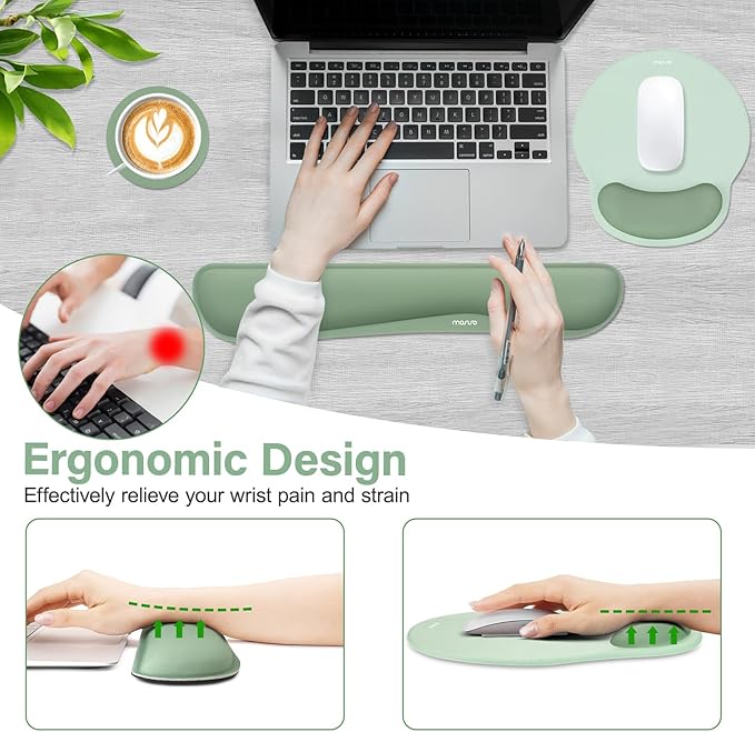 MOSISO Wrist Rest Support for Mouse Pad&Keyboard Set, Antique Green | Streamline Ergonomic Mousepad&Coaster Non-Slip Base Home/Office Pain Relief&Easy Typing Pad with Soft Cloth&Silicone Lining