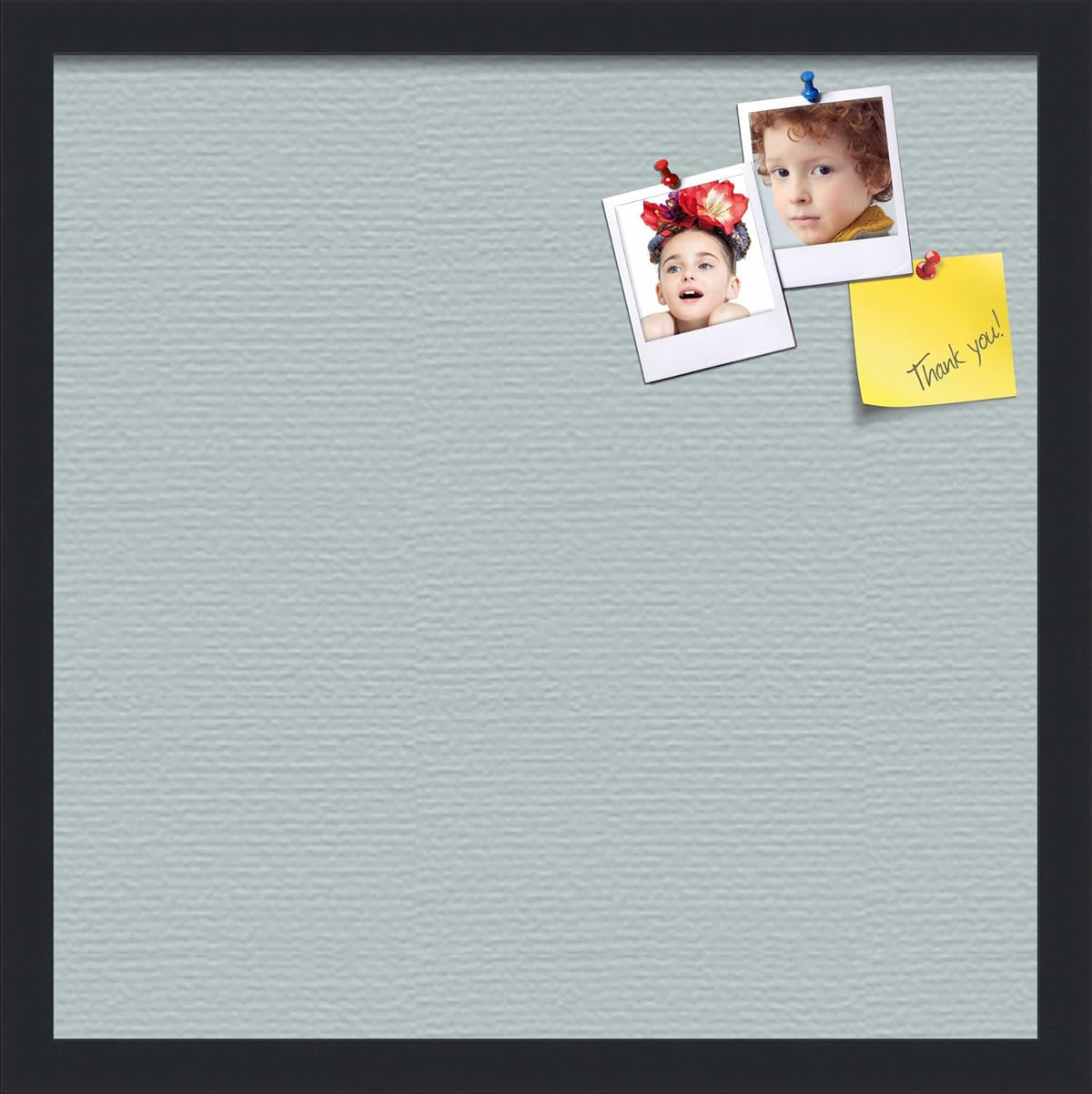 PinPix 18x18 Inch Cork Bulletin Board. This Decorative Framed Pin Board Comes with Soft Blue Design and a Satin Black Frame. Ideal for Home Office Decor or Message Board (PinPix-1814)