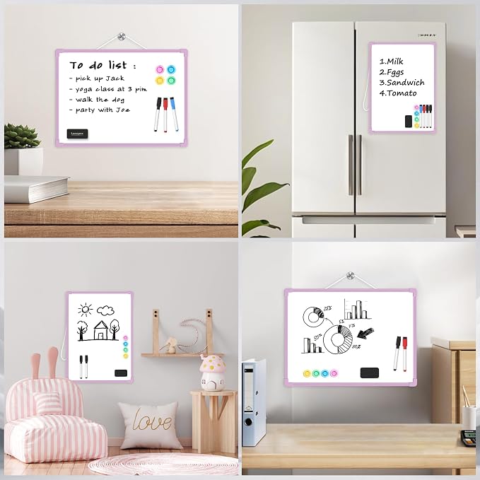 Purple Frame Small Dry Erase Board for Wall, 16" x 12" Double-Sided Hanging Whiteboard with 4 Markers, 4 Magnets and 3 Mini Sticky Notes, Portable Whiteboard for Kids, School, Home, Office