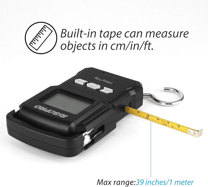 RISEPRO® 75Kg / 165Lb Digital Fish Scale with 39 Inch Ruler Electronic Luggage Balance Fishing Postal Hanging Hook Scale WHA08
