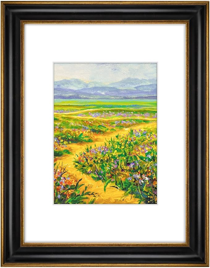 Golden State Art, 9x12 Photo Frame With Mat for Pictures 6x8 and Real Glass (Black With Antique Gold Trim - White Color Mat, 1.25 Inch Frame Border)