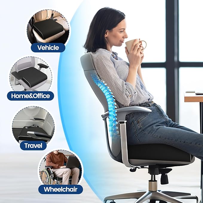 SweetSlubr Seat Cushion for Tailbone Pain Relief, Office Chair Cushion, Chair Pad, Memory Foam Large Cushion with Non-Slip Cover for Soft Support at Office Chair, Car Seat, Airplane, Black/Large