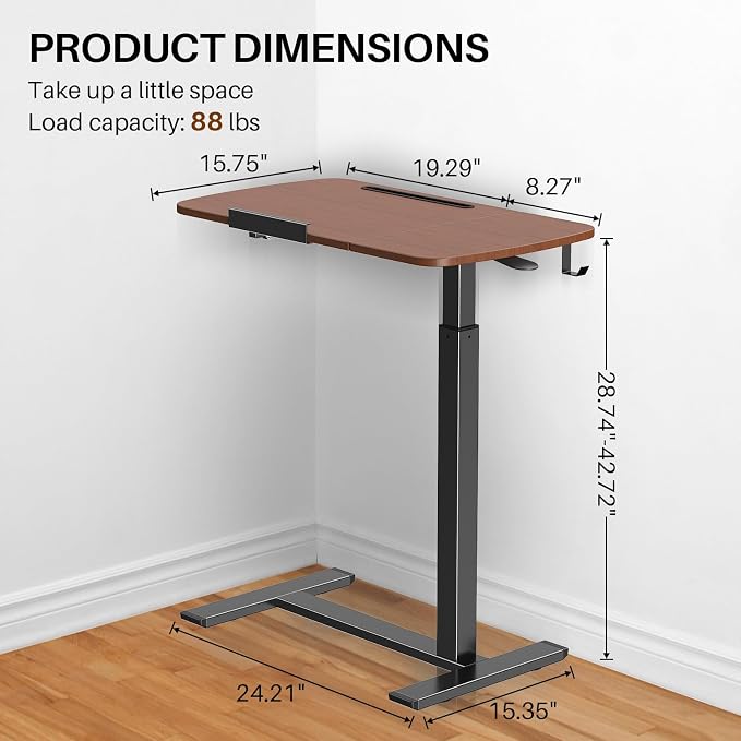 Overbed Table with Wheels, Pneumatic Height and Tilting Desktop | Top Tilts 0-60° with Anti-Slip Stops, Hook, Capacity 66 lbs, 1.18 in Low-Profile Base Slides Easily Under Beds and Sofa