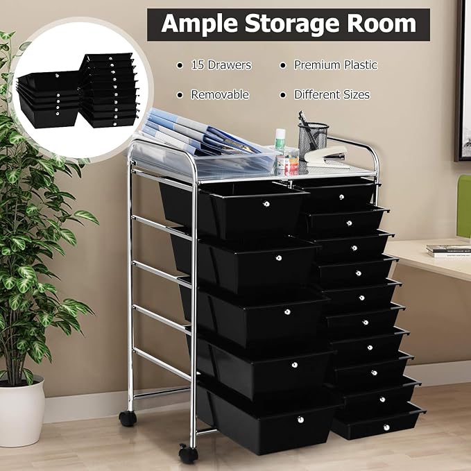 15 Drawer Rolling Storage Cart, Rolling Cart with Drawers for Classroom, Art Supply Craft Organizer on Wheel with Metal Frame & Handles for Home Office School