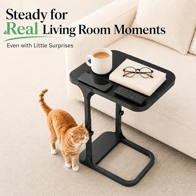 Kitstorack Height Adjustable End Table, Small Side Table for Couch, Sofa Table with Metal Frame for Living Room, Bedroom, Bedside C Shaped Table,Black