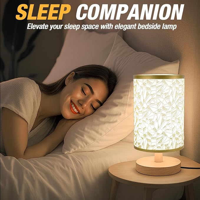 Desk Lamp LED Bulb Included, Small Bedside Table Lamp Plug-in - Classic Wood Base with Flaxen Fabric Shade, Lamps for Night Stands, Simple Nightstand Light for Bedroom, Office, Desk