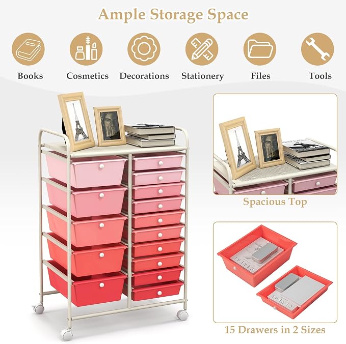 GLACER 15 Drawers Rolling Storage Cart, Steel Frame Craft Organizer Cart | Utility Cart w/Lockable Wheels & Sleek Handle, Mobile Art & Tool Supply Trolley for Teacher, Home, School, Office (Pink)