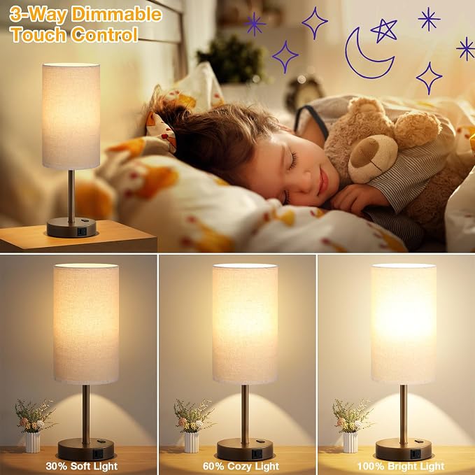 Dicoool 17.4" Bedside Lamp for Bedroom - Dimmable Touch, USB A+C, AC Outlet | LED Bulb Included, 3-Way Dimmable, 17.4" Table Lamp for Living Room, Dorm, Beige Fabric Lampshade, Brown Metal Base