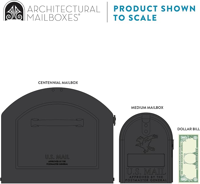Architectural Mailboxes 950020B-10 Centennial Postmount Mailbox, XL, Black | Galvanized steel build for outside with rust-resistant powder-coat finish and a magnetic door closure. USPS approved.