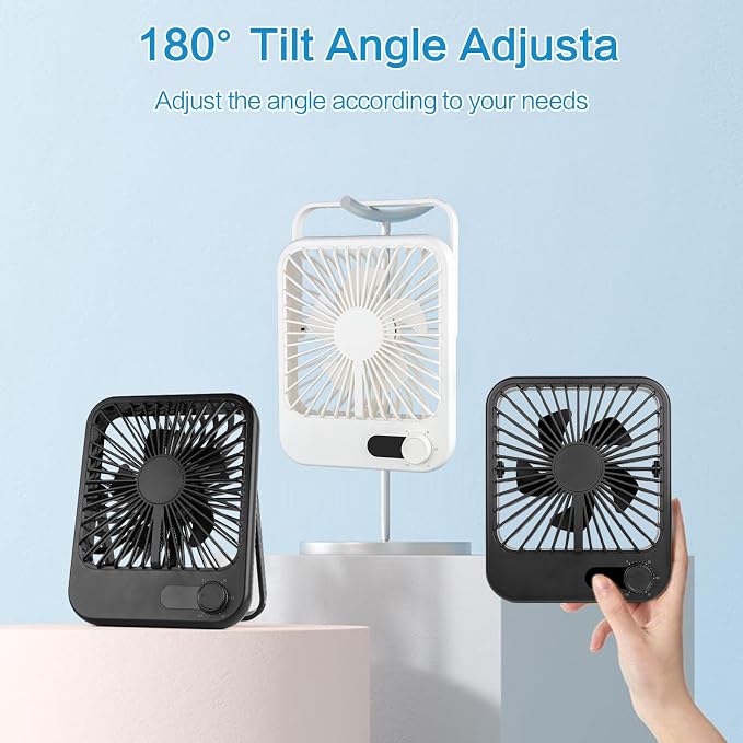 100-Speed Ultra-Quiet Desk Fan for Sleeping, 6.8" Rechargeable Portable Fan with LED Display, 180° Adjustable Head & Tripod Base - Battery/USB Powered Mini Fan for Office, Cruise, Travel (black)