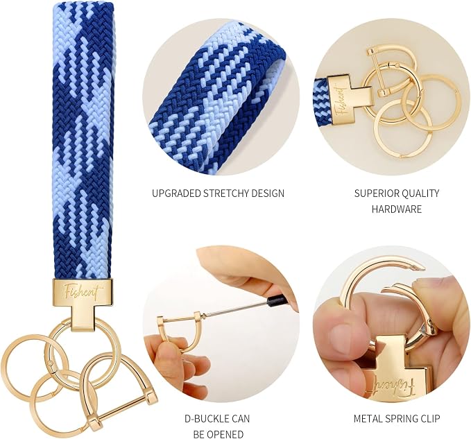 Fishent Stretchy Wristlet Keychain, Cute Key Chain, Woven Wrist Lanyard for Car Keys with 3 Keyrings and D-ring for Women Men