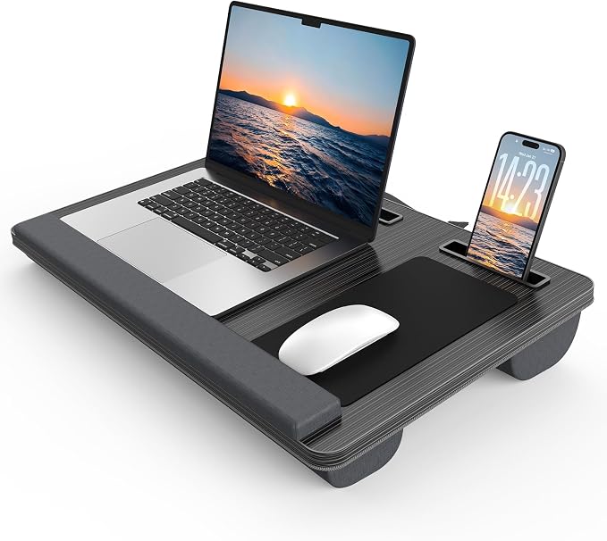 HETTHI Lap Desk with Cushion, Large Laptop Besk Bed, Up to 17" Laptop Tray for Bed with Wrist Rest, 2 Self-Adhesive Mouse Pads, Portable Handle, Tablet Phone Slot (Black)