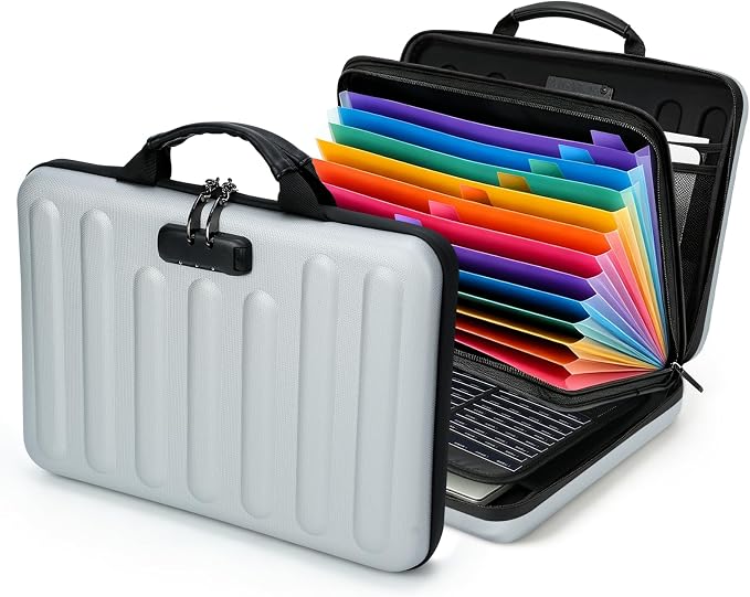 Fireproof Document Organizer with Lock, Waterproof Hard-Shell File Organizer, 13 Pocket Accordion Folder, Portable Safe Storage for A4 Files, Passports & Certificates, Home Office Travel Use, Silver