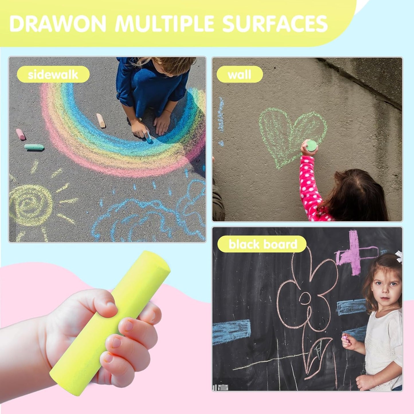 50 Pack Washable Sidewalk Chalks for Kids Non-Toxic Jumbo Chalk for Outdoor Art Play, Colored Chalk for Painting on Chalkboard, Blackboard and Playground