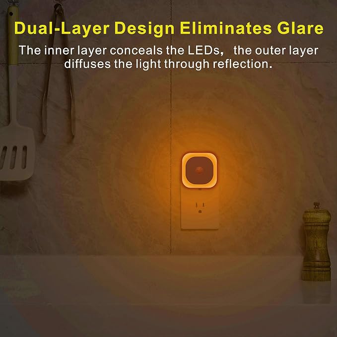 YUNLEX 2 Pack Plug in Amber Night Light with Motion Sensor & Dusk to Dawn Sensor, 3-in-1 Nightlight, Dimmable Night Lights Plug into Wall for Kids, Sleep, Bathroom, Bedroom