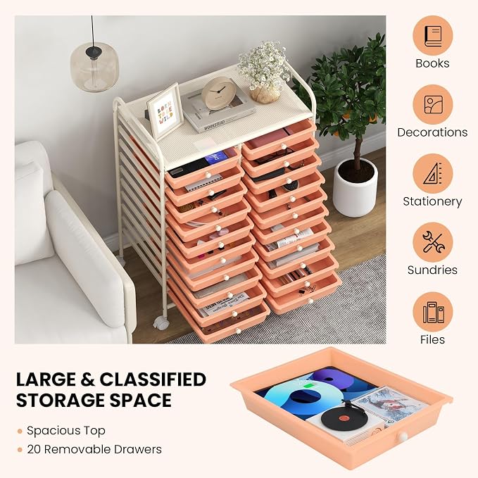 COSTWAY 20-Drawer Rolling Storage Cart, Utility Storage Organizer Cart | For Tools, Scrapbook, Paper, Craft, Multipurpose Storage Trolley on Wheels for Home Office School (Peach)