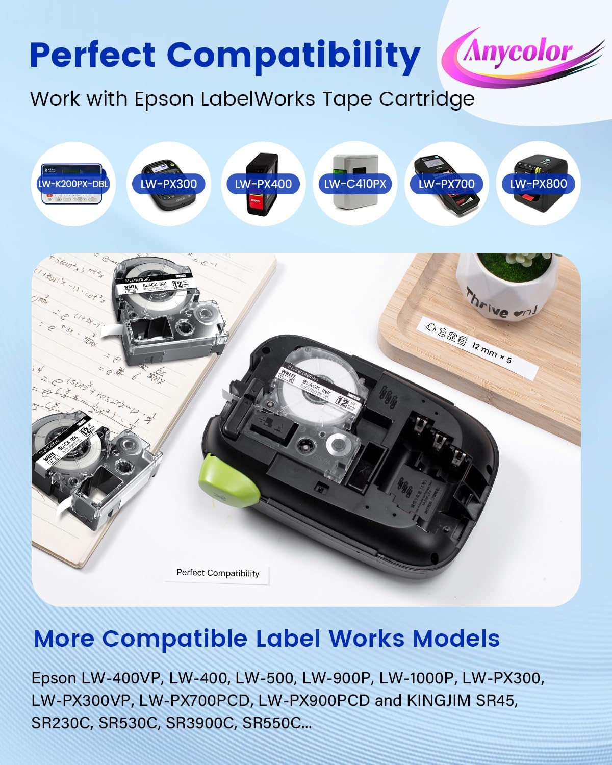 Anycolor LK-4WBN Replace for Epson Label Maker Tape LC-4WBN SS12KW 12mm 0.47" Label Tape Refill Used for Epson LabelWorks LW300 LW400 LW600P LW700, Black on White, 1/2" x 26', 8-Pack
