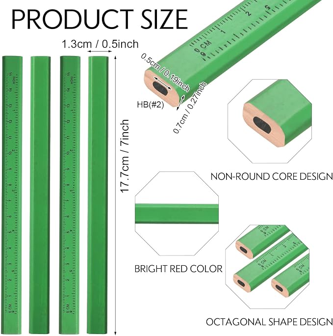 Lincia 300 Pcs Carpenter Pencils 7 Inch Octagonal Flat Carpenter Marking Pencils Hard Black Construction Contractor Pens for Woodworking and Concrete Marking(Green)