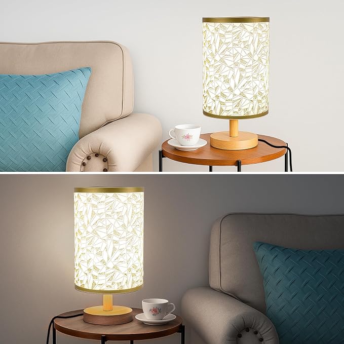 Desk Lamp LED Bulb Included, Small Bedside Table Lamp Plug-in - Classic Wood Base with Flaxen Fabric Shade, Lamps for Night Stands, Simple Nightstand Light for Bedroom, Office, Desk