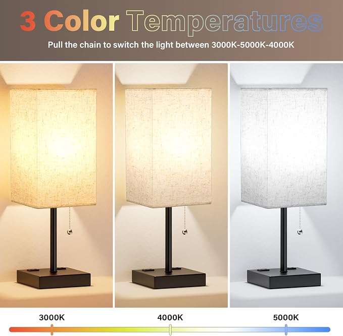 Bedside Lamp for Bedroom Set of 2 - Table Lamp for Nightstand | USB A+C Ports, AC Outlet, 3 Color Temperatures, LED Bulb Included, Pull Chain, 17" Rectangular Desk Lamp for Dorm, 2-Pack
