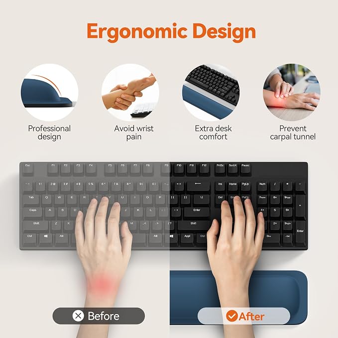 TECKNET Wrist Rest for Computer Keyboard Ergonomic, 1 in Thick, 17x3.3 in | Thicken Memory Foam, Typing Pain Relief, Wrist Support Pad for Keyboard, Comfort for Home/Office/Work, Anti-Slip Rubber Base