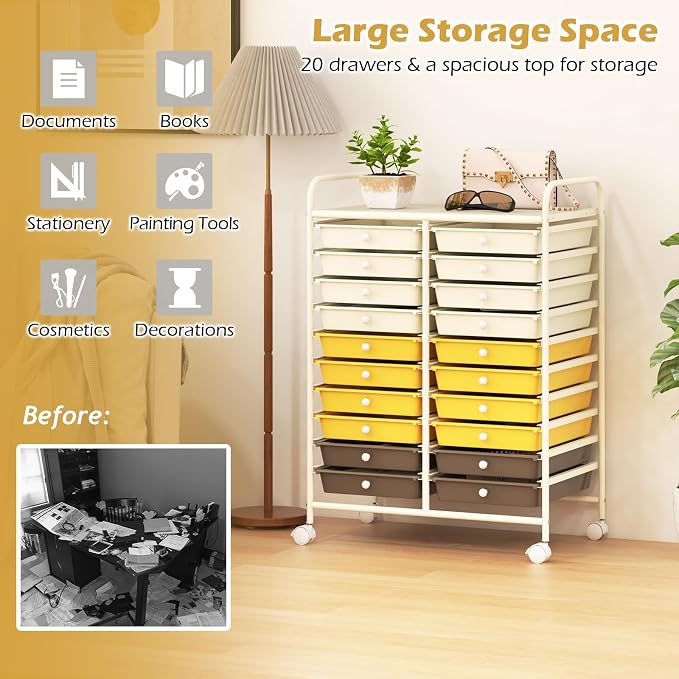 RELAX4LIFE 20 Drawer Rolling Storage Cart, Mobile Rolling Cart w/Drawers for School Classroom Teacher Office Home Salon, Paper File Art Supply Craft Organizer, Utility Cart on Wheels (Yellow)