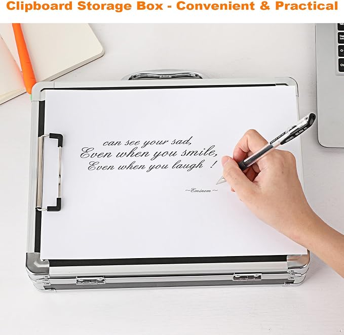 Clipboard Storage Box with Key Lock, Aluminum Case with Metal Clip | 12x9 Inch Small Briefcase, Portable Handle, Heavy Duty Clipboard Case, A4 Paper Organizer, for Office Business Men, Silver