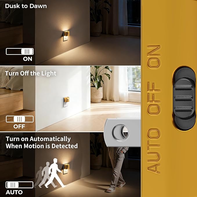 DORESshop LED Plug in Night Light, Motion Sensor Dusk to Dawn Night Lights Plug into Wall, Dimmable Warm White LED Nightlight with Up & Down Lighting, Soft White Nightlight for Bathroom