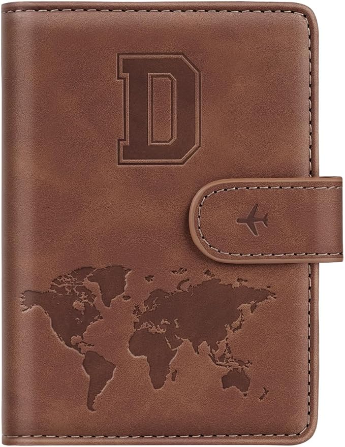 Passport Holder Wallet Cover Personalized Initial Travel Essentials | Embossed Letter A-Z Design, Travel Wallets, RFID Blocking, Passport Book Holders, Women Men, Personalized Gifts, Brown-D