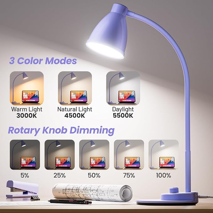 BOHON LED Desk Lamp with USB Charging Port, 3 Color Modes Dim, Lilac Purple | Reading Lamp, Auto Dimming Task Lamp, Flexible Neck Table Light for Office Dorm Bedside, Adapter Include