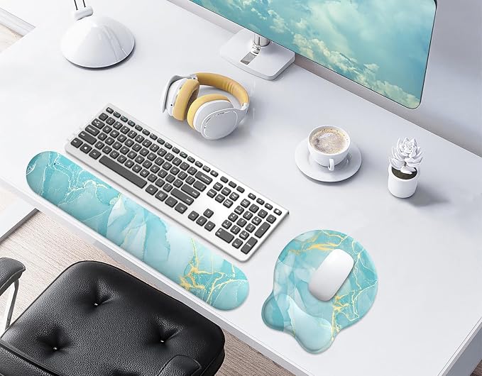 Mouse Pad Wrist Support, Ergonomic Memory Foam Keyboard Wrist Pad & Gel Wrist Rest Set for Computer Keyboard for Easy Typing & Pain Relief for Office & Home(Blue Marble Set)