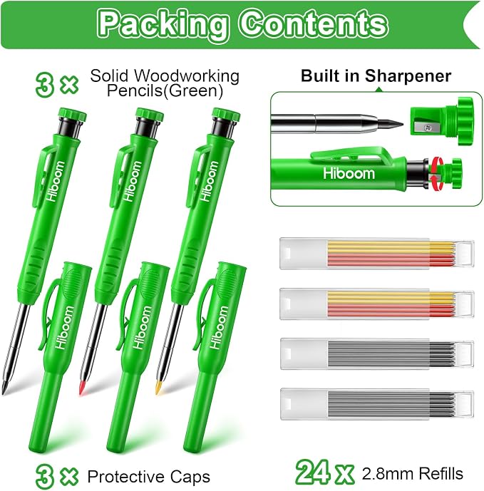Hiboom 3 Pack Carpenter Pencil with 24 Refills Built In Sharpener,Green | Concrete Wood Metal, Deep Marking, Multi-Color Refills, 2.8mm Lead, Construction Work, Waterproof, Carpenter Builder DIY