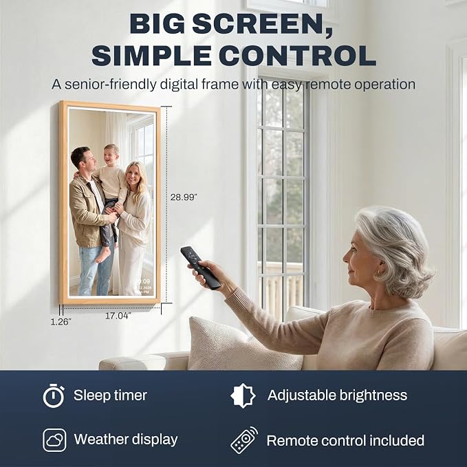 32 Inch FHD Extra Large Digital Picture Frame Touchscreen, 64GB FHD IPS WiFi Digital Photo Frame Remote, Share Photo/Video via Apps, Email, Auto-Rotate,Wood Pattern