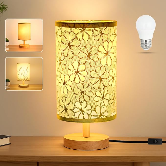 Desk Lamp LED Bulb Included, Small Bedside Table Lamp Plug-in - Classic Wood Base with Flaxen Fabric Shade, Lamps for Night Stands, Simple Nightstand Light for Bedroom, Office, Desk