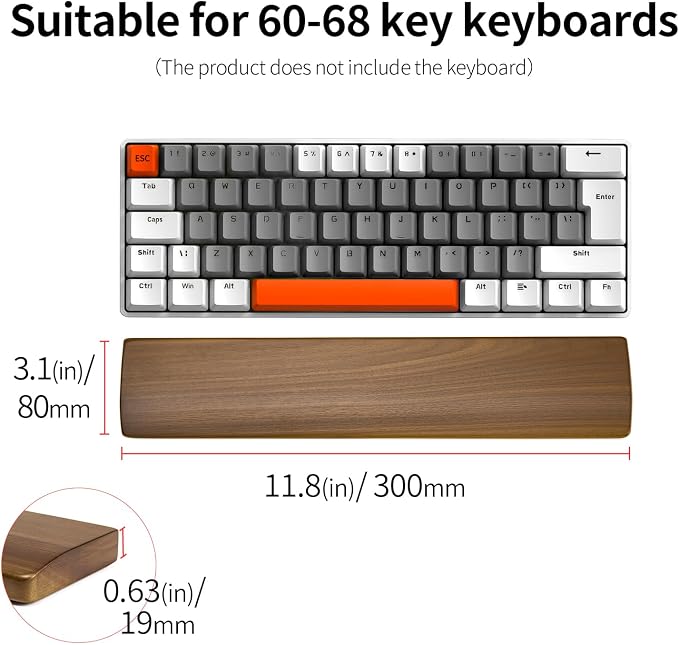 Ergonomic Wood Wrist Rest Support for 60-68 Key Mechanical Keyboard | 11.8" for 60%-75% Key Keyboard, Wrist Pain Relief, Easy to Clean and Smooth No Odor, Support Wrist to Coding Typing and Play